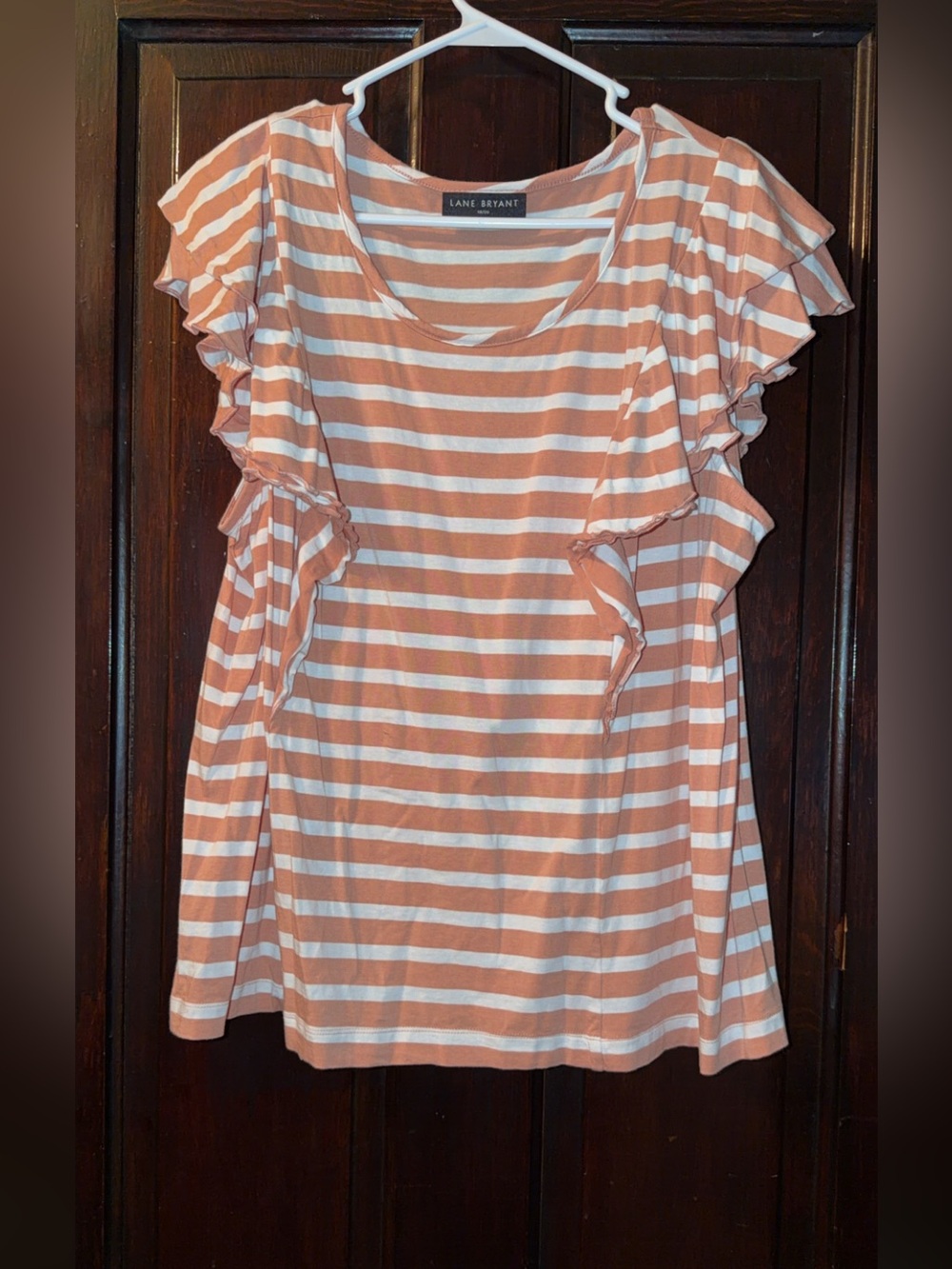 Lane Bryant Peach and White Striped Ruffle Sleeve Tee